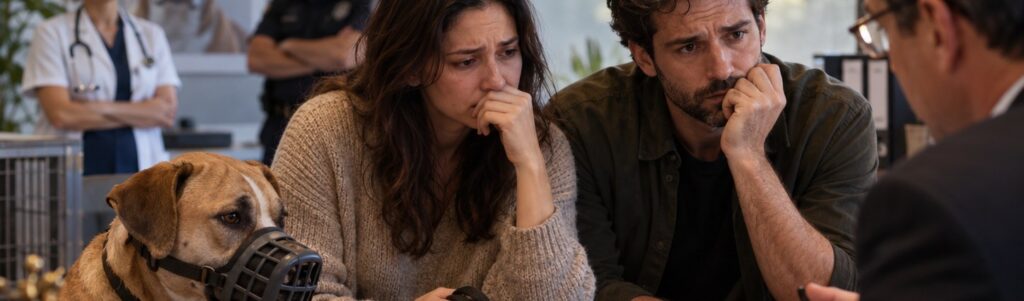 בעלי כלב מודאגים בפגישה משפטית, והכלב שלהם חובש מחסום פה