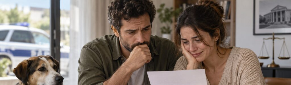 בני זוג קוראים בדאגה מכתב סגירת תיק מהמשטרה, והכלב שלהם לצידם
