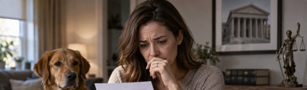 אישה קוראת בדאגה מכתב רשמי, והכלב שלה יושב לצידה
