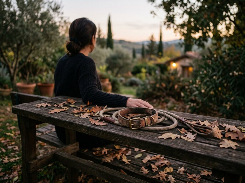 קולר ורצועה של כלב מונחים על ספסל עץ בגינה