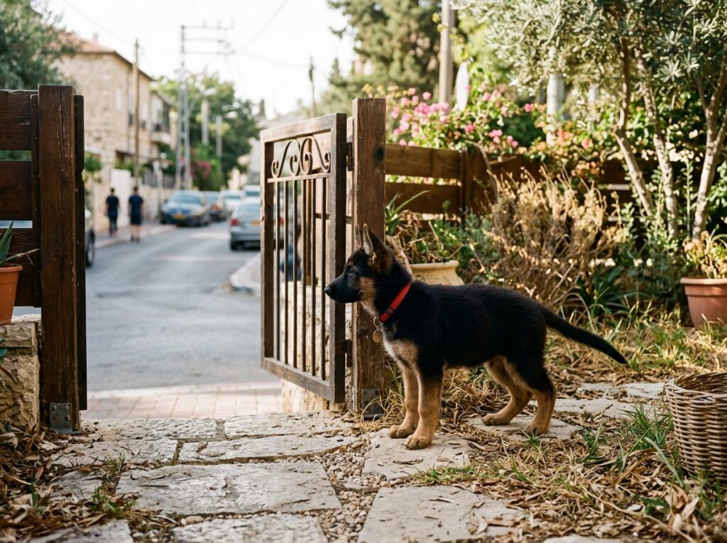 גור רועה גרמני עם קולר אדום ליד שער חצר פתוח